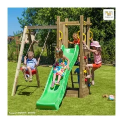 Fungoo Aire De Jeux Funny 3 : Toboggan - Balancoire Simple - Mur D'Escalade Et Bac A Sable- Aires De Jeux