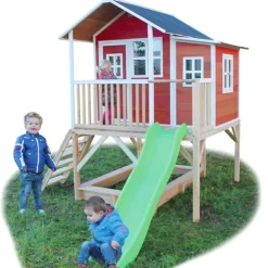 Exit Toys Maison En Bois Loft 550 Rouge Avec Bac A Sable Et Toboggan- Aires De Jeux
