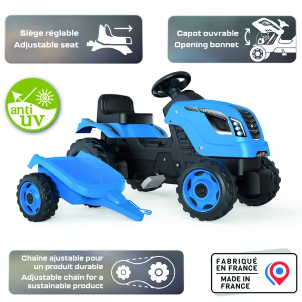 Smoby Tracteur Farmer Xl Bleu + Remorque- Tracteurs À Pédales